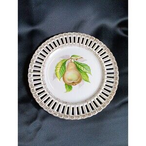 Ucagco China Occupied Japan Reticulated Plate 8" Hand Painted Pear Gold EUC